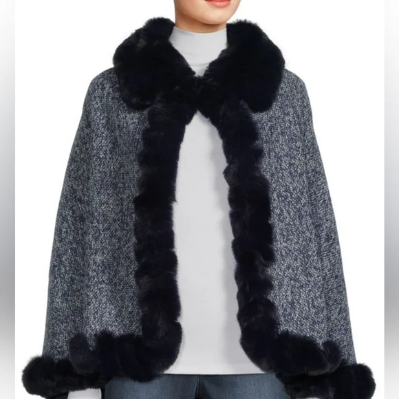 NWT VINCE CAMUTO Whip Stitched Black Faux Fur Trimmed Cape - Picture 3 of 7